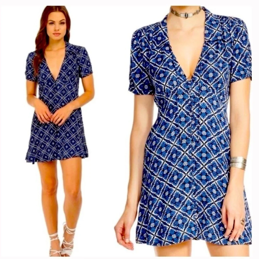 Free People Melody Geo Button Front Mini Dress Size 6 Blue